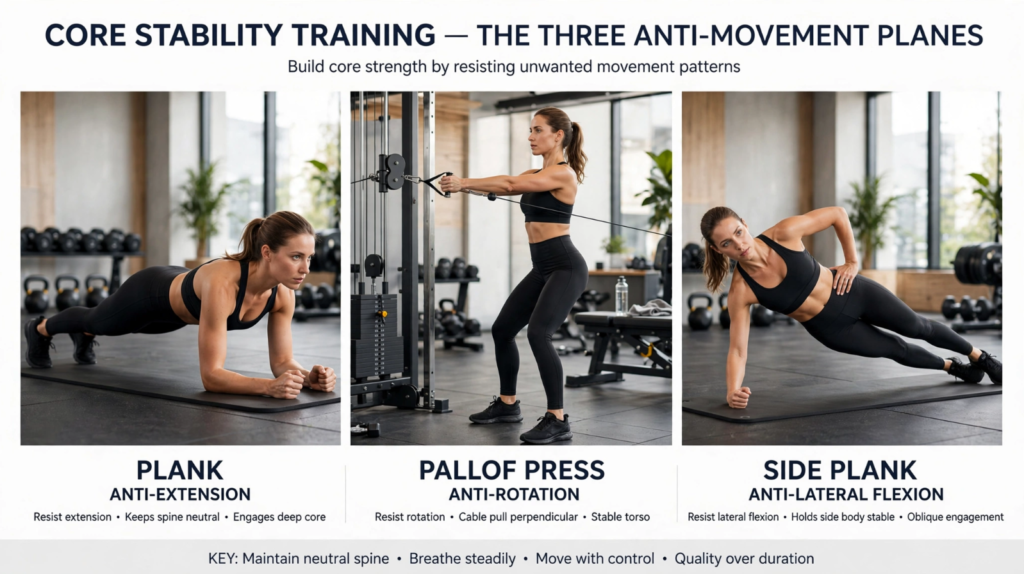 Best core stability exercises beyond crunches including planks Pallof press dead bugs and side planks for Americans over 40