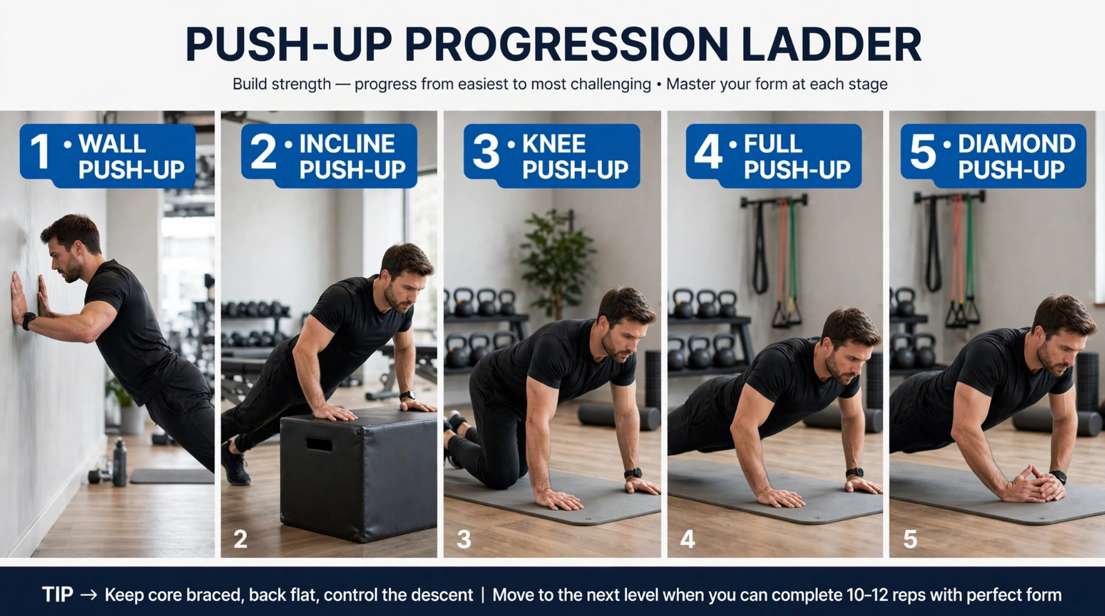 Calisthenics progression ladder from beginner to advanced push-ups pull-ups squats and core exercises for Americans over 40