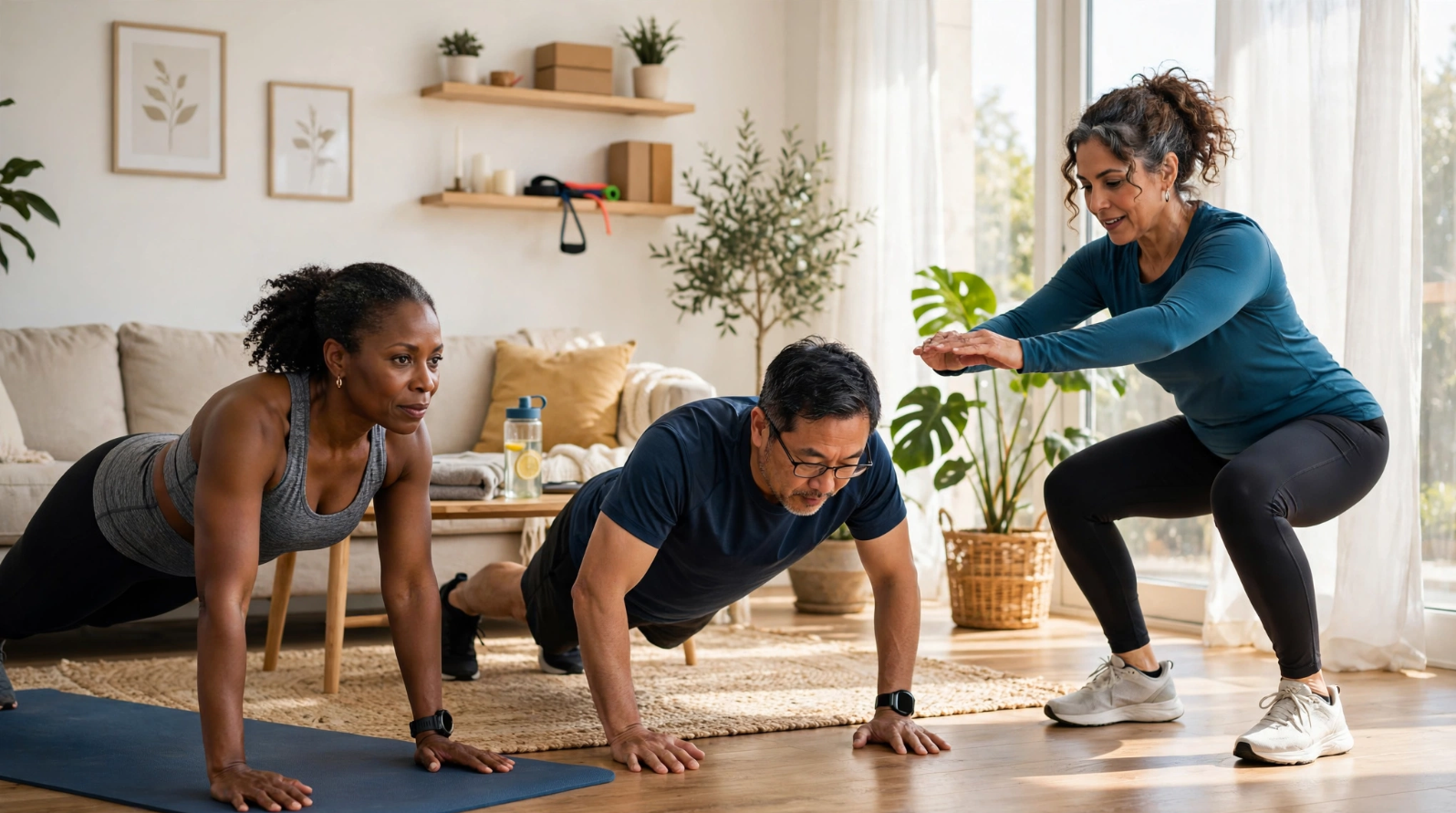 Calisthenics beginner bodyweight workout plan for Americans over 40 with push-ups, squats, planks, and core exercises