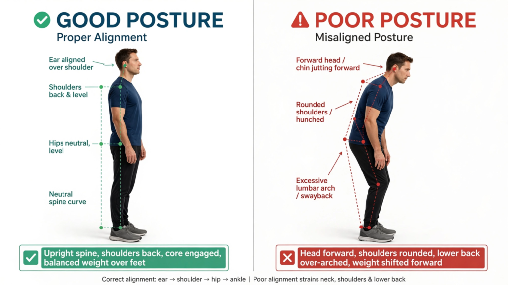 Core strength and posture connection for Americans over 40 showing good posture vs poor posture with core exercises