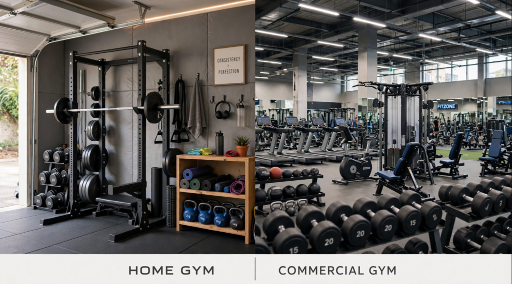Home gym vs commercial gym comparison for Americans over 40 choosing the right fitness environment