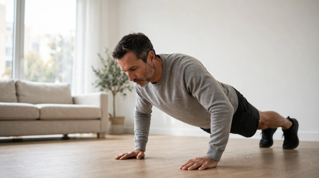 No equipment strength training workouts for Americans over 40 using bodyweight exercises anywhere anytime