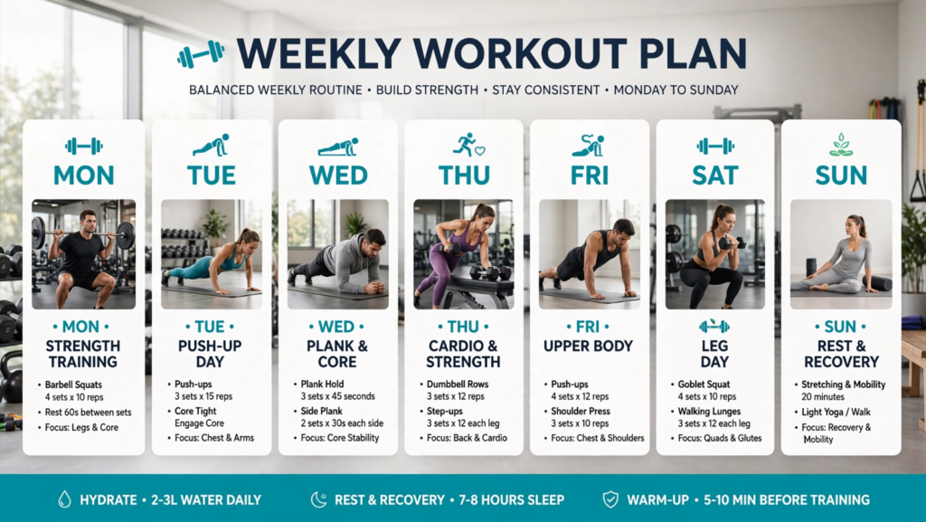 Weekly workout plan combining weightlifting calisthenics and core stability for Americans over 40