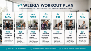 Weekly workout plan combining weightlifting calisthenics and core stability for Americans over 40