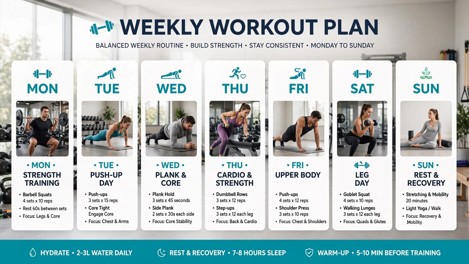 Weekly workout plan combining weightlifting calisthenics and core stability for Americans over 40