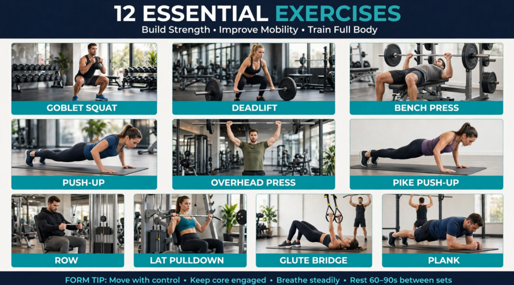 12 best strength training exercises for Americans over 40 including squats presses pulls and core