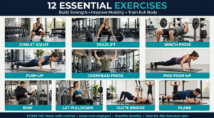 12 best strength training exercises for Americans over 40 including squats presses pulls and core