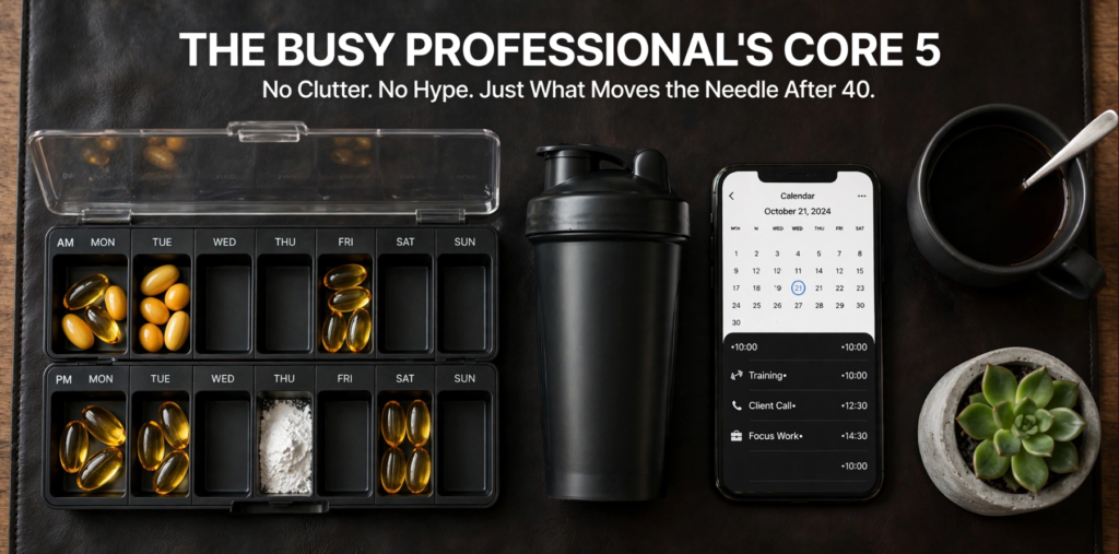 The Busy Professional’s Core 5 Supplements No Clutter, No Hype, Just What Actually Moves the Needle After 40