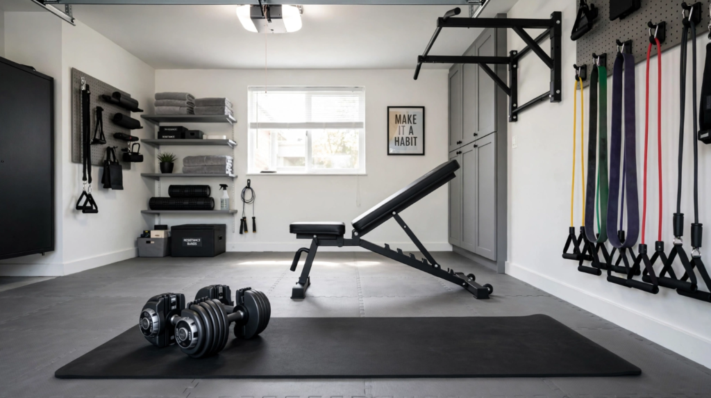 Top 5 home gym equipment pieces for strength training adjustable dumbbells bench resistance bands pull-up bar and mat for Americans over 40