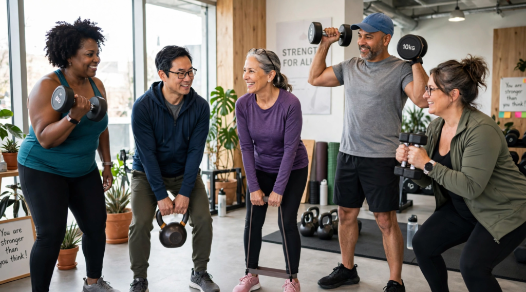Strength training myths debunked for Americans over 40 showing diverse people lifting weights and doing bodyweight exercises