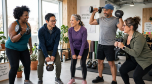 Strength training myths debunked for Americans over 40 showing diverse people lifting weights and doing bodyweight exercises