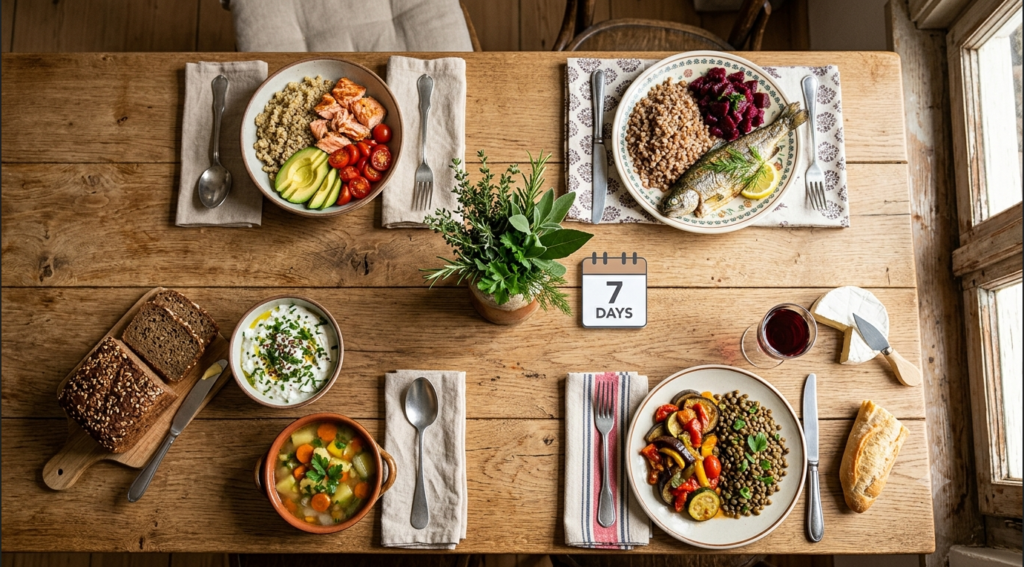 7-day preventative health meal plan concept with heart, bone, and hormone-supporting meals from the United States, Poland, Germany, and France on a single table.