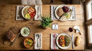 7-day preventative health meal plan concept with heart, bone, and hormone-supporting meals from the United States, Poland, Germany, and France on a single table.