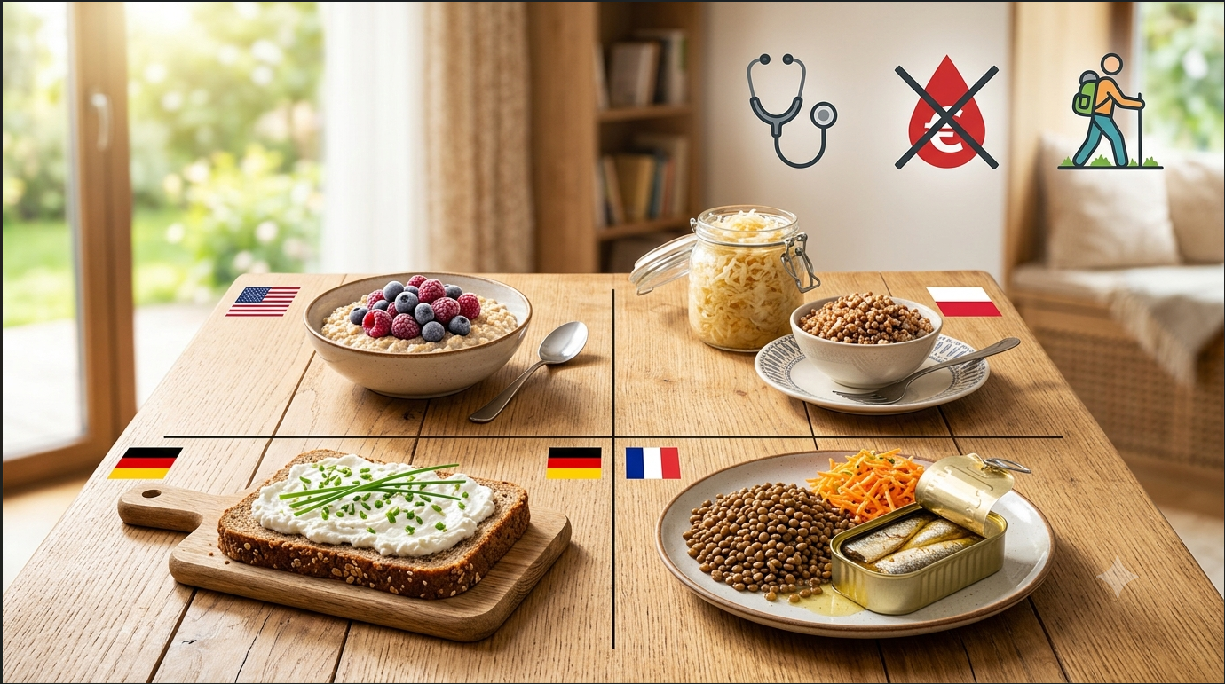 Affordable preventative health concept featuring budget-friendly foods and free screening icons for the U.S., Poland, Germany, and France.