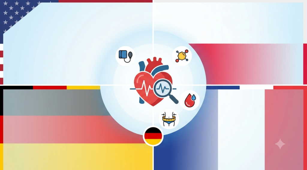 Cardiovascular heart check for adults over 40 featuring country-specific screening programs in the US, Poland, Germany, and France.