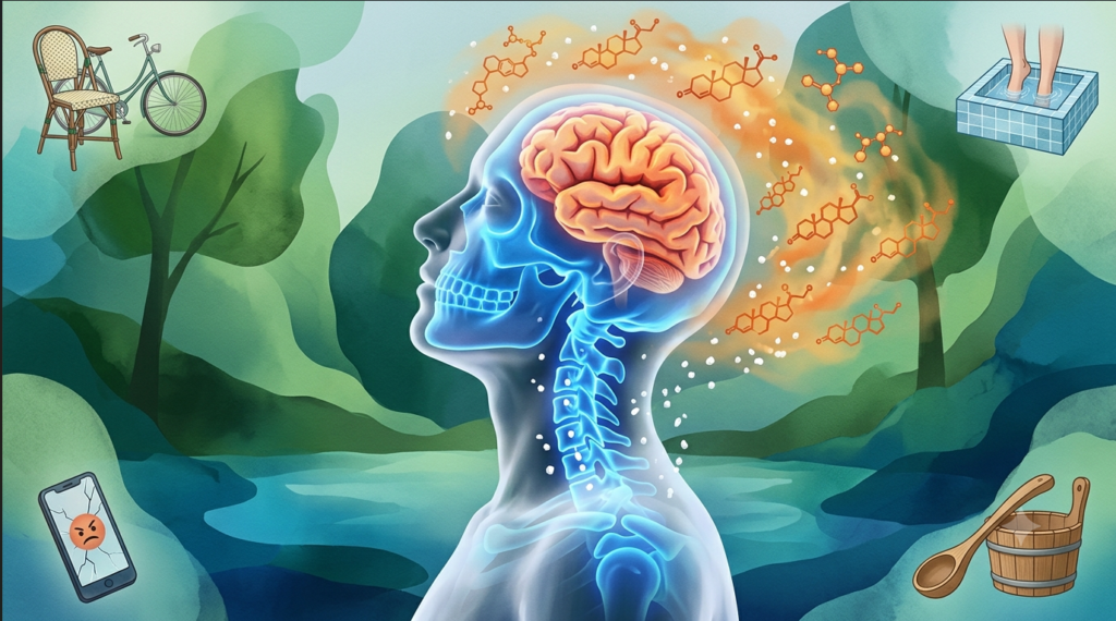 Concept of stress-induced calcium leak from bones with cortisol molecules and country-specific stress-reduction symbols for the US, Poland, Germany, and France.