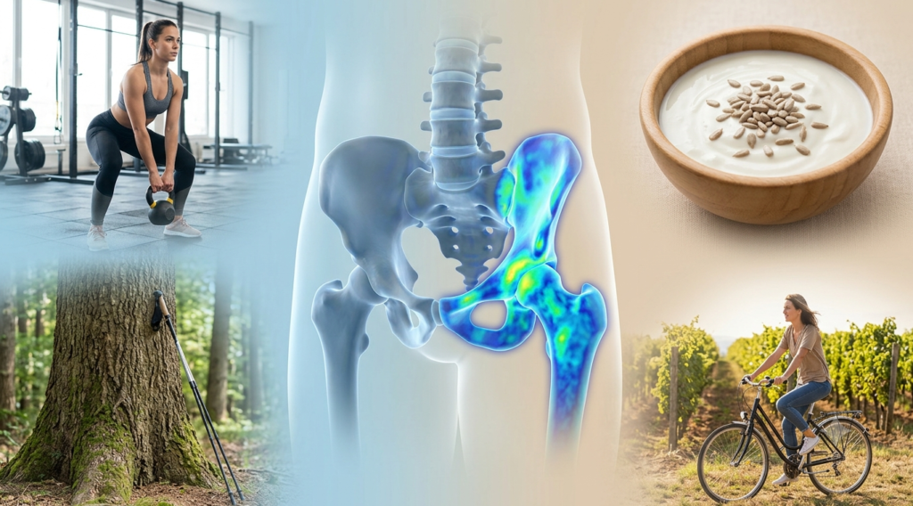Early bone density DEXA scan concept for adults under 50, with lifestyle prevention icons representing the US, Poland, Germany, and France.