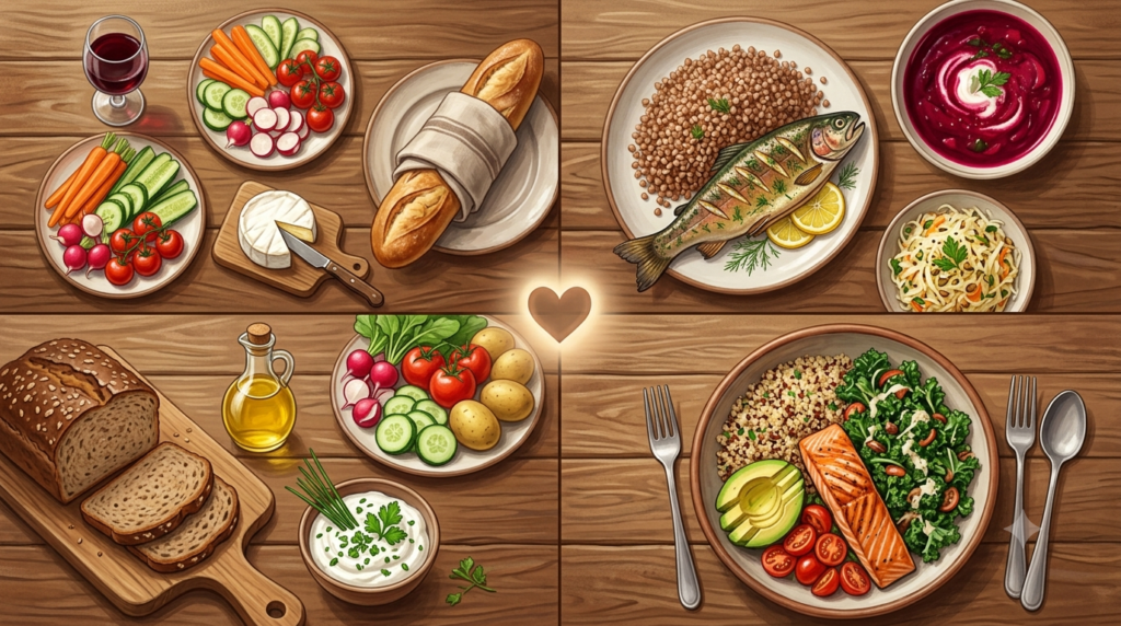 Heart-healthy cultural foods from France, Poland, Germany, and the United States illustrating the French paradox, modern Polish diet, German whole-grain tradition, and American Mediterranean-DASH eating pattern