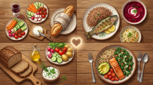 Heart-healthy cultural foods from France, Poland, Germany, and the United States illustrating the French paradox, modern Polish diet, German whole-grain tradition, and American Mediterranean-DASH eating pattern