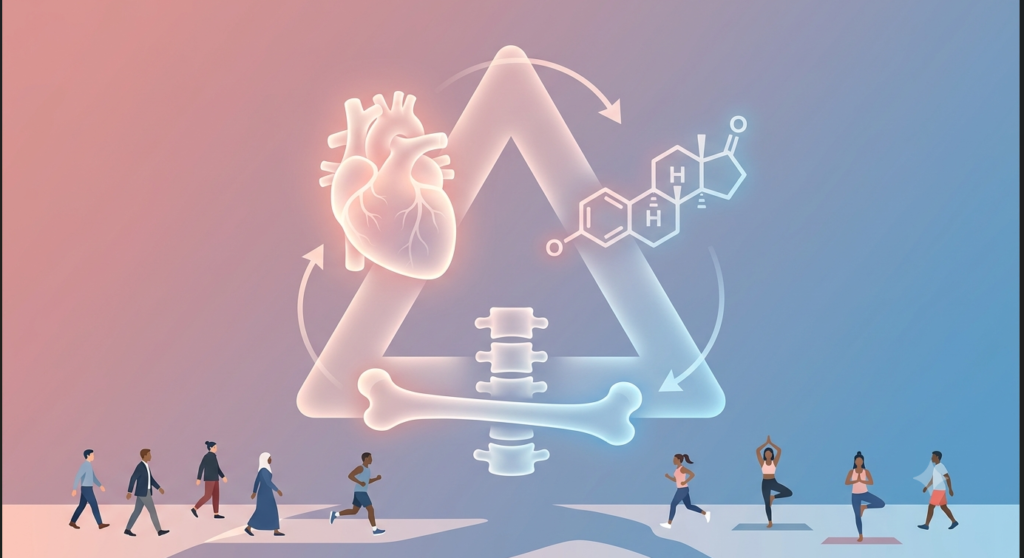 Illustration of the hormone-bone-heart triangle with estrogen, cortisol, and testosterone symbols linking a heart, bone, and endocrine diagram, emphasizing preventive lifestyle in midlife.
