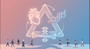 Illustration of the hormone-bone-heart triangle with estrogen, cortisol, and testosterone symbols linking a heart, bone, and endocrine diagram, emphasizing preventive lifestyle in midlife.