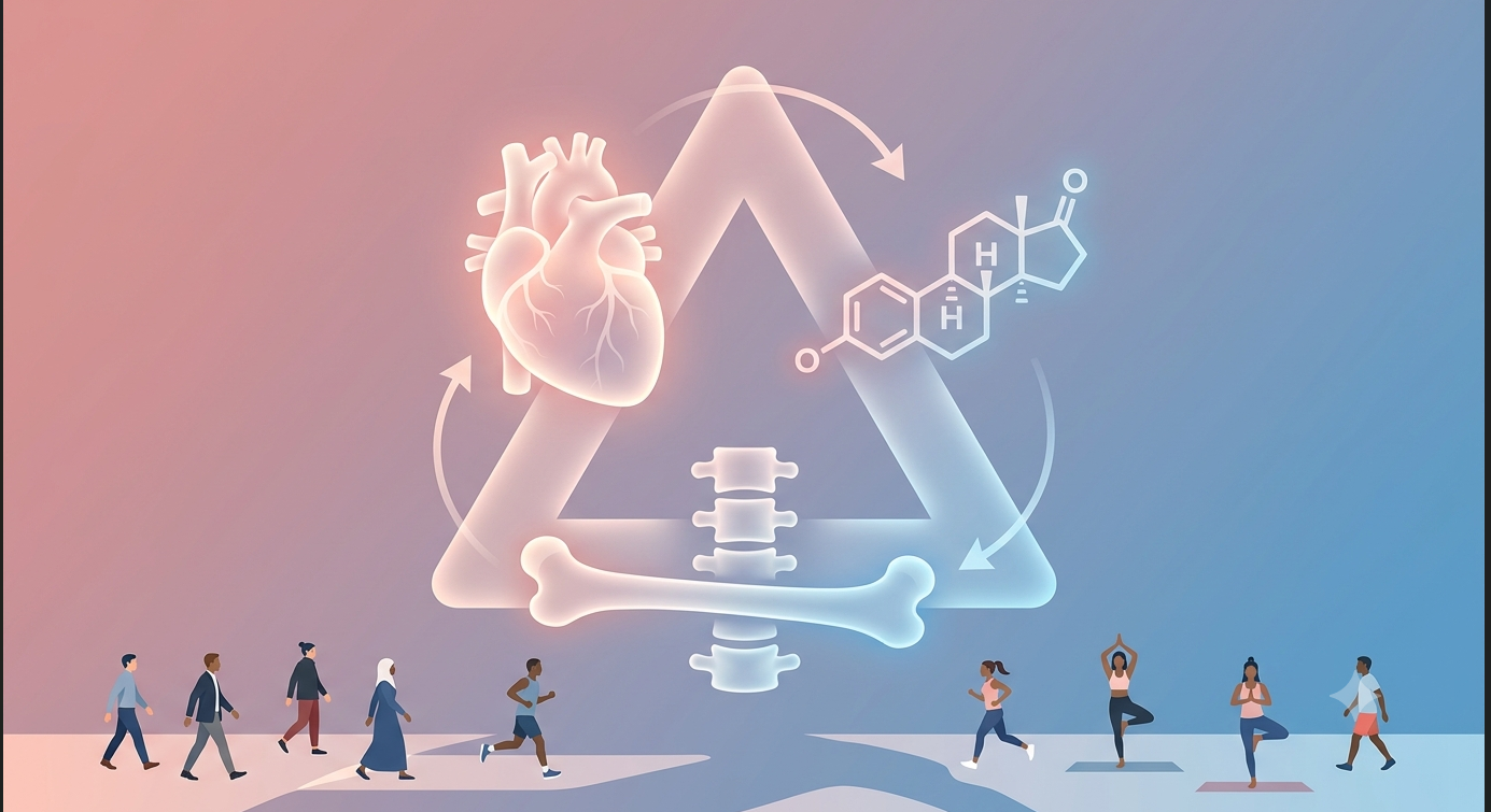 Illustration of the hormone-bone-heart triangle with estrogen, cortisol, and testosterone symbols linking a heart, bone, and endocrine diagram, emphasizing preventive lifestyle in midlife.