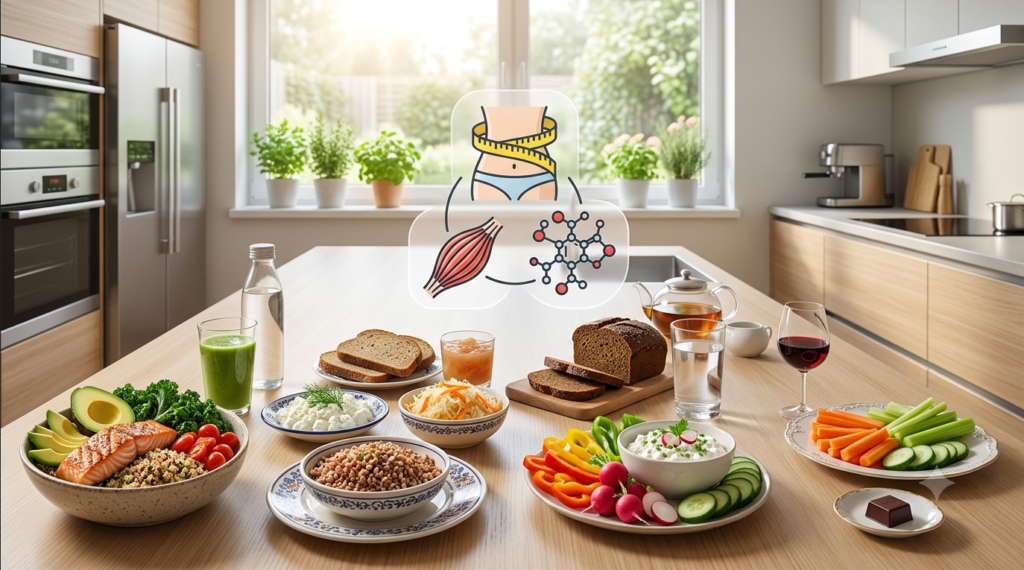 Midlife metabolism makeover concept with culturally diverse healthy foods from the US, Poland, Germany, France, and icons representing waist circumference, muscle, and blood sugar
