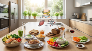 Midlife metabolism makeover concept with culturally diverse healthy foods from the US, Poland, Germany, France, and icons representing waist circumference, muscle, and blood sugar