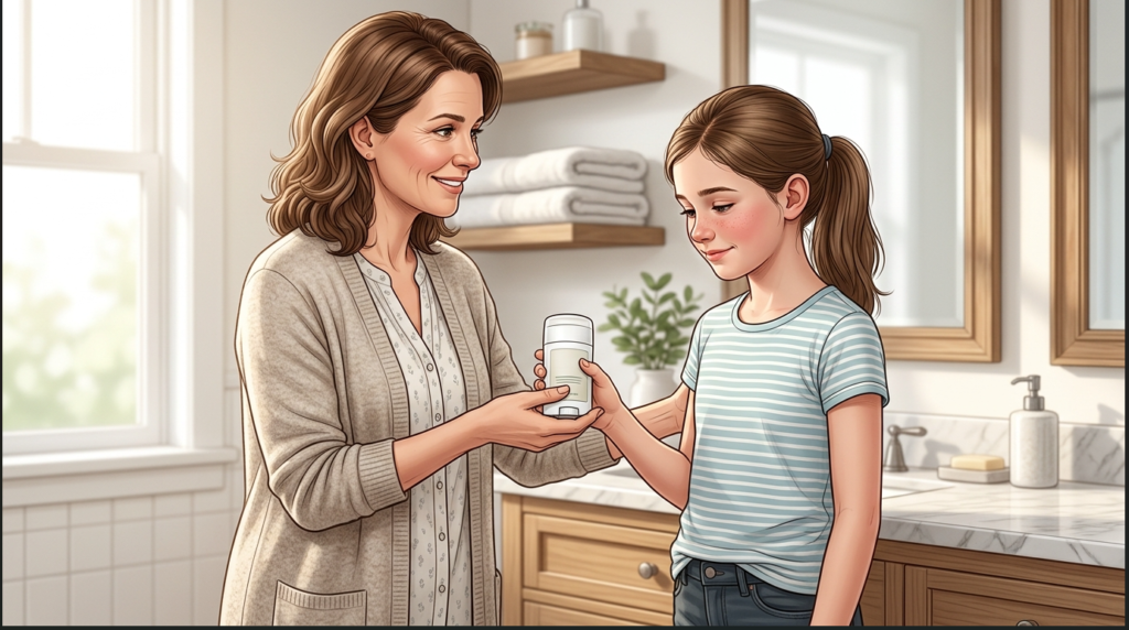 Mother giving daughter deodorant during a supportive conversation about puberty hygiene.