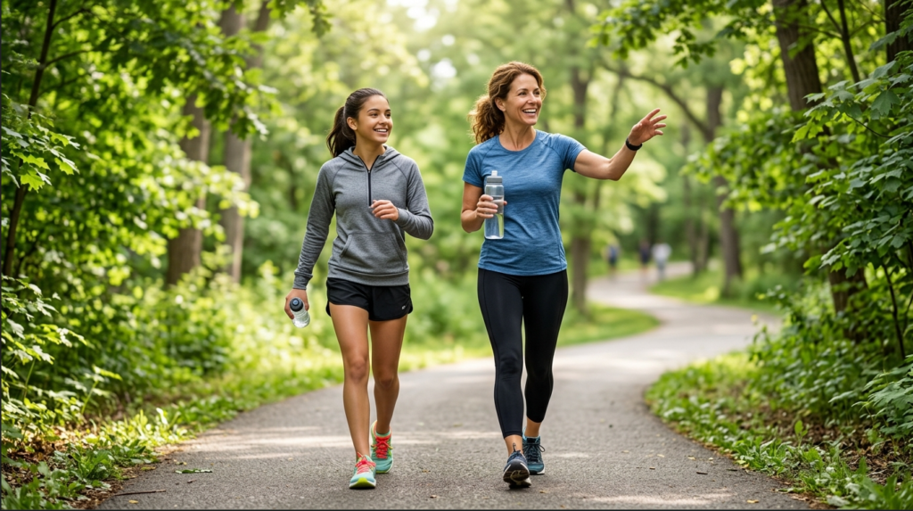 Mother and teenage daughter walking together to build strong bones and promote lifelong health.