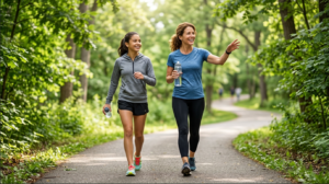 Mother and teenage daughter walking together to build strong bones and promote lifelong health.