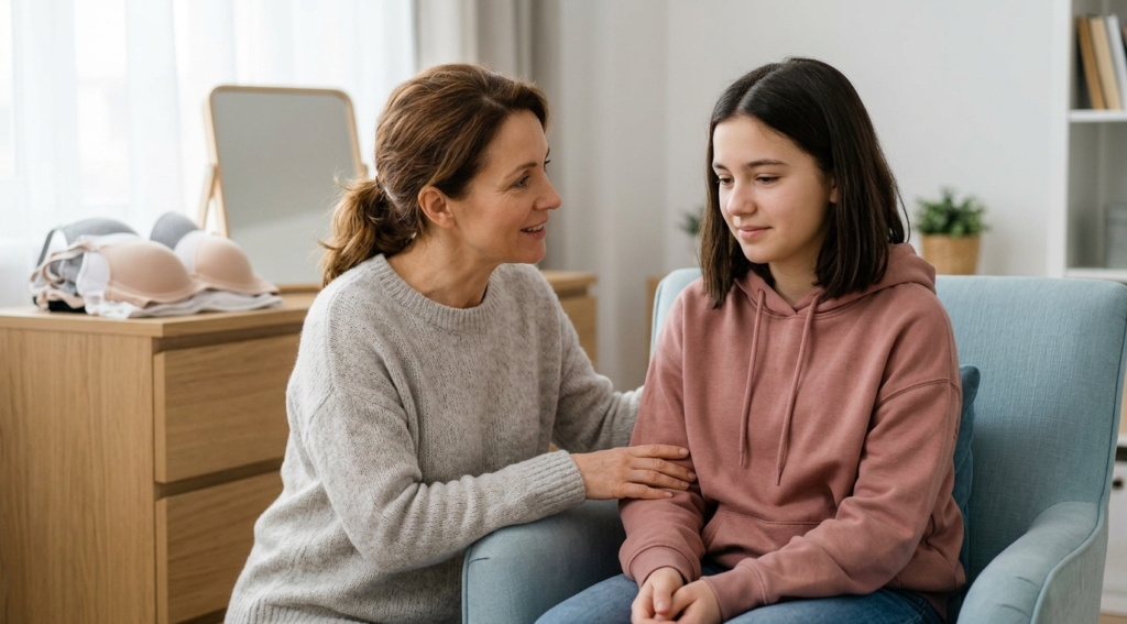 Mother having a supportive conversation with teenage daughter about normal breast asymmetry during puberty.