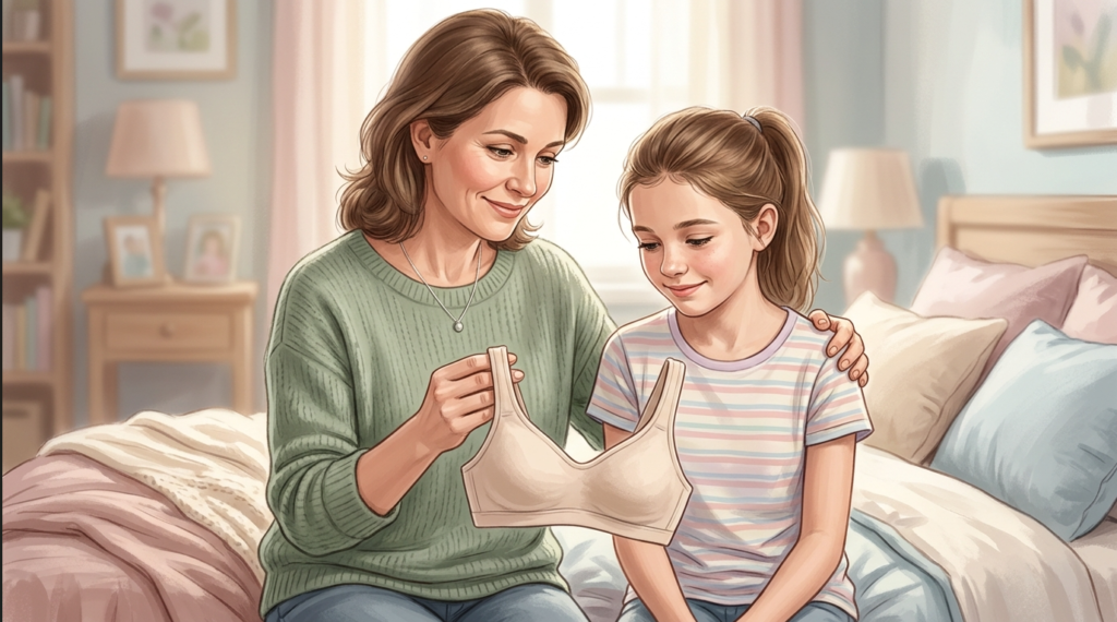 Mother helping preteen daughter understand breast development stages in a supportive home setting.