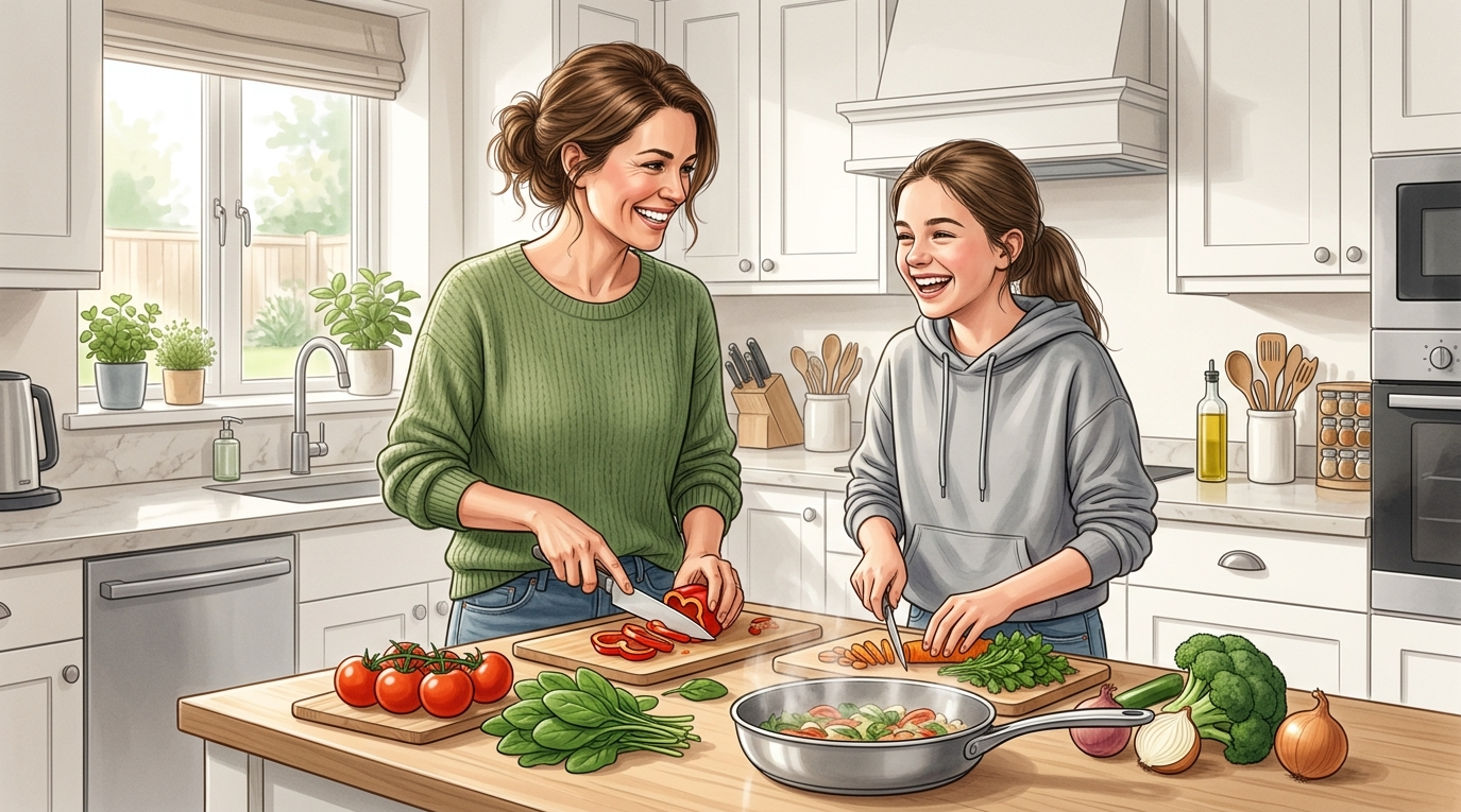 Mother and teenage daughter cooking a healthy meal together, focusing on wellness and positive body image.