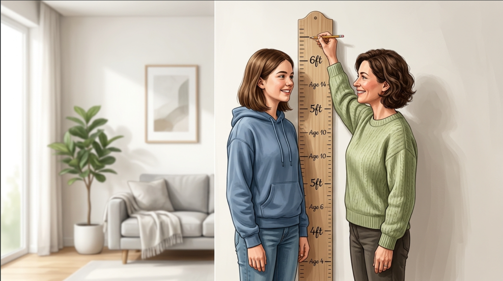 Mother marking the final height on a growth chart as daughter reaches physical maturity.