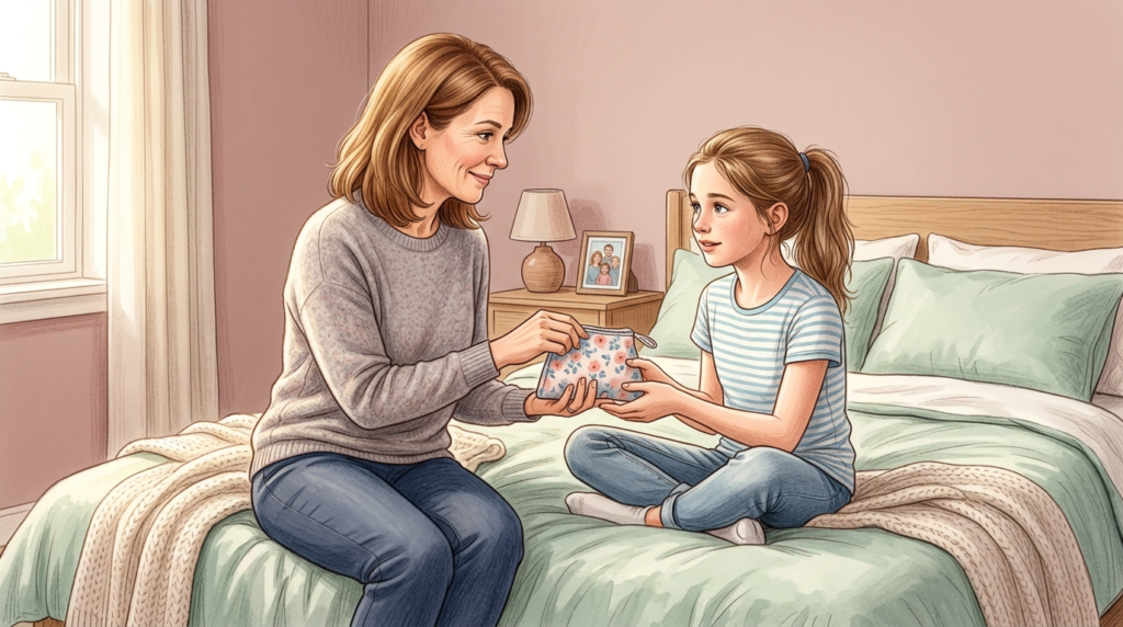 Mother giving daughter a period preparation kit during a calm and supportive conversation about first period.