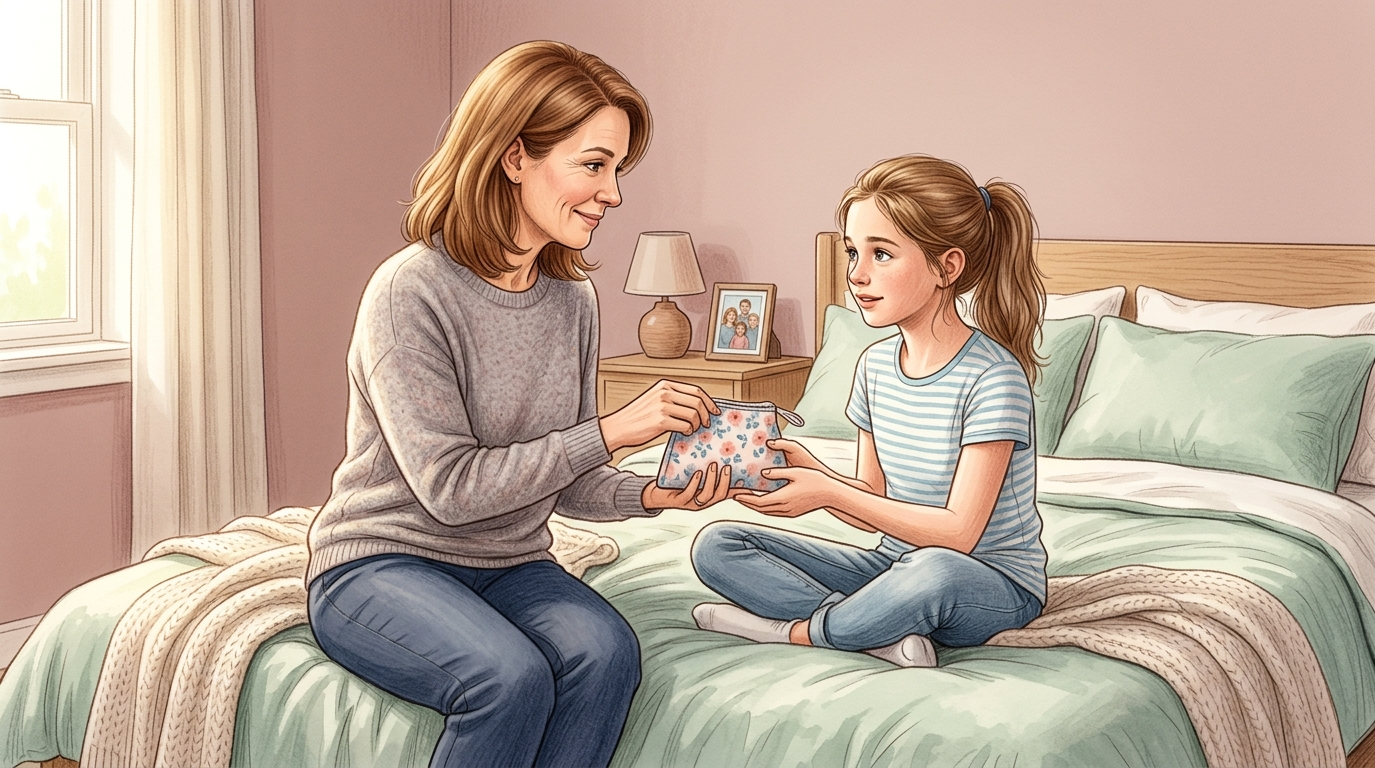Mother giving daughter a period preparation kit during a calm and supportive conversation about first period.