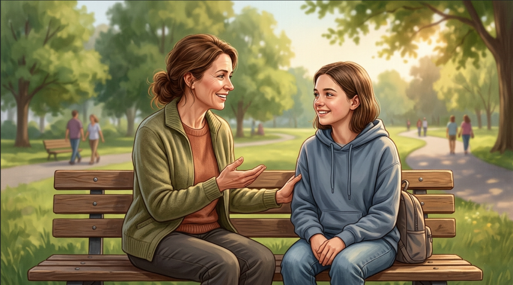 Mother and teenage daughter having a supportive conversation about body changes and hip development during puberty.