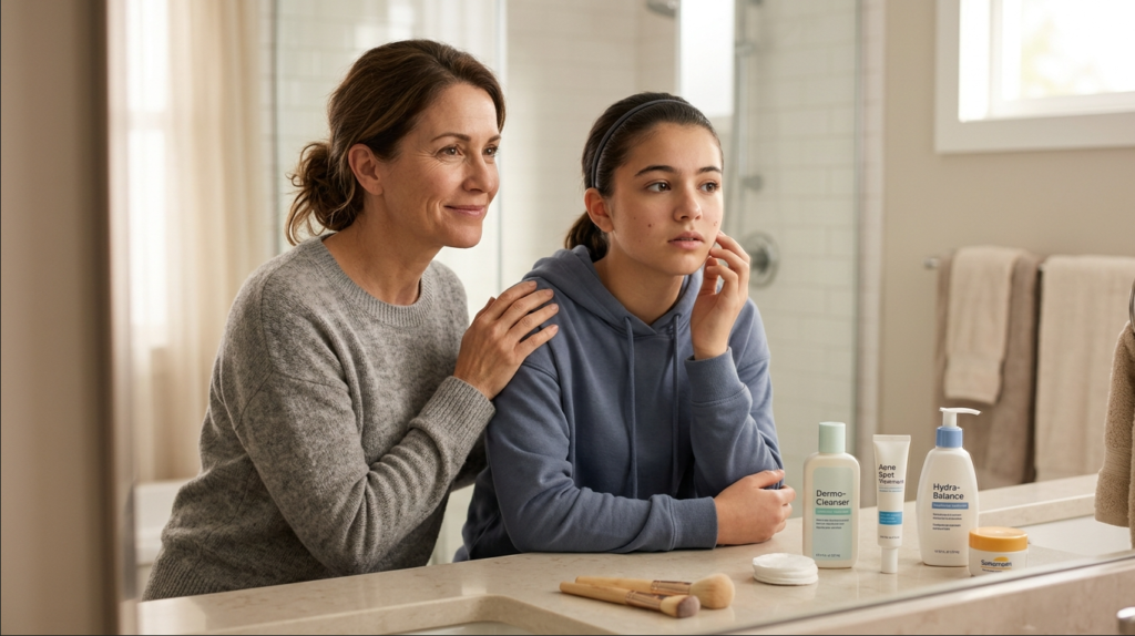 Mother supporting teenage daughter dealing with hormonal acne, discussing skincare in a bathroom.
