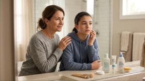 Mother supporting teenage daughter dealing with hormonal acne, discussing skincare in a bathroom.