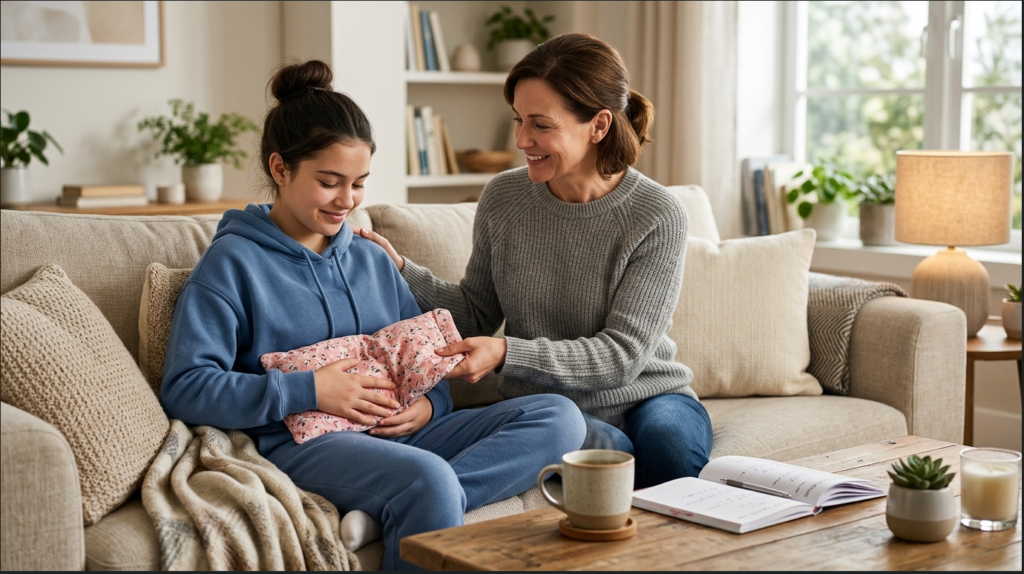 Mother comforting teenage daughter with a heating pad during period cramps and PMS.