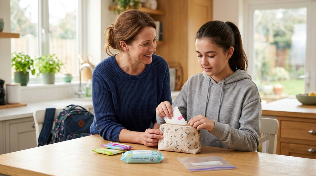Mother helping daughter pack a period hygiene kit for school with confidence and care.