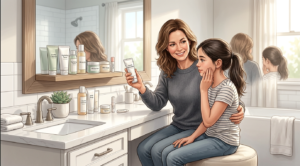 Mother helping daughter with a gentle skincare routine for puberty acne.