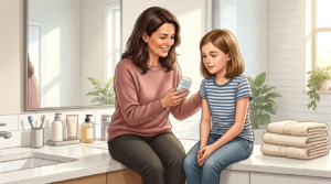 Mother teaching daughter about hygiene and body hair changes during puberty in a bright bathroom.