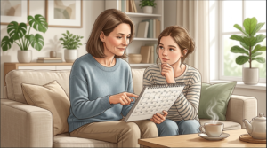 Mother helping daughter track irregular periods on a calendar during a supportive conversation about menstrual health.