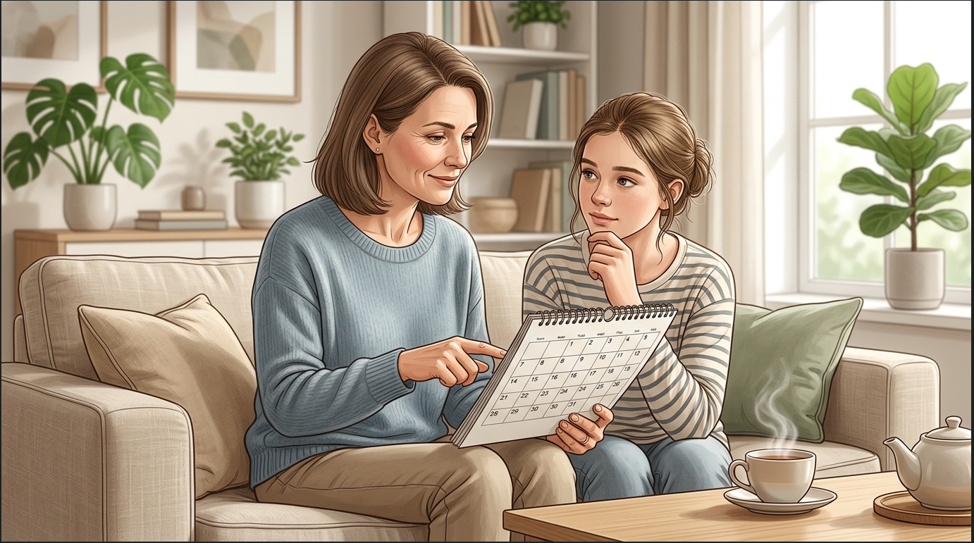 Mother helping daughter track irregular periods on a calendar during a supportive conversation about menstrual health.
