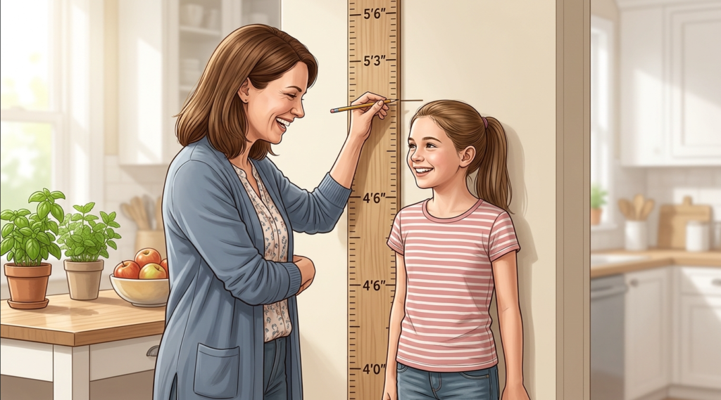 Mother measuring daughter's height on a growth chart during a normal preteen growth spurt.