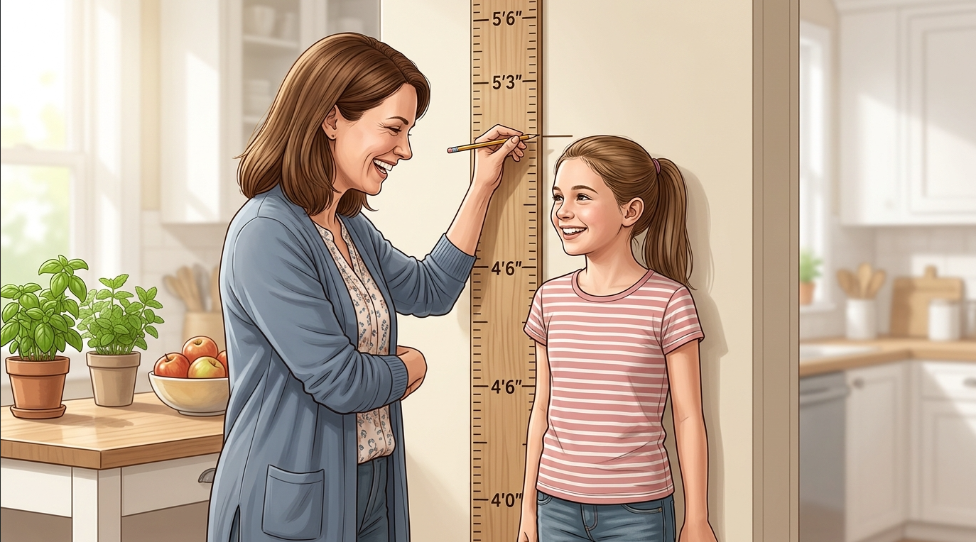 Mother measuring daughter's height on a growth chart during a normal preteen growth spurt.
