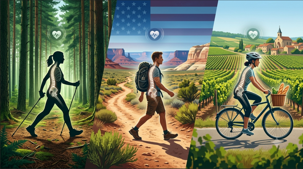Nordic walking, rucking, and cycling for bone and heart health after 40, representing exercise traditions in Germany, Poland, the United States, and France.