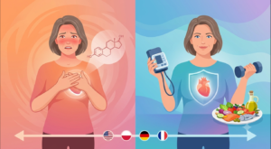 Perimenopause and cardiac risk concept showing a woman with fading estrogen protecting her heart, transitioning to a healthy, empowered state with exercise, diet, and screening across the US, Poland, Germany, and France